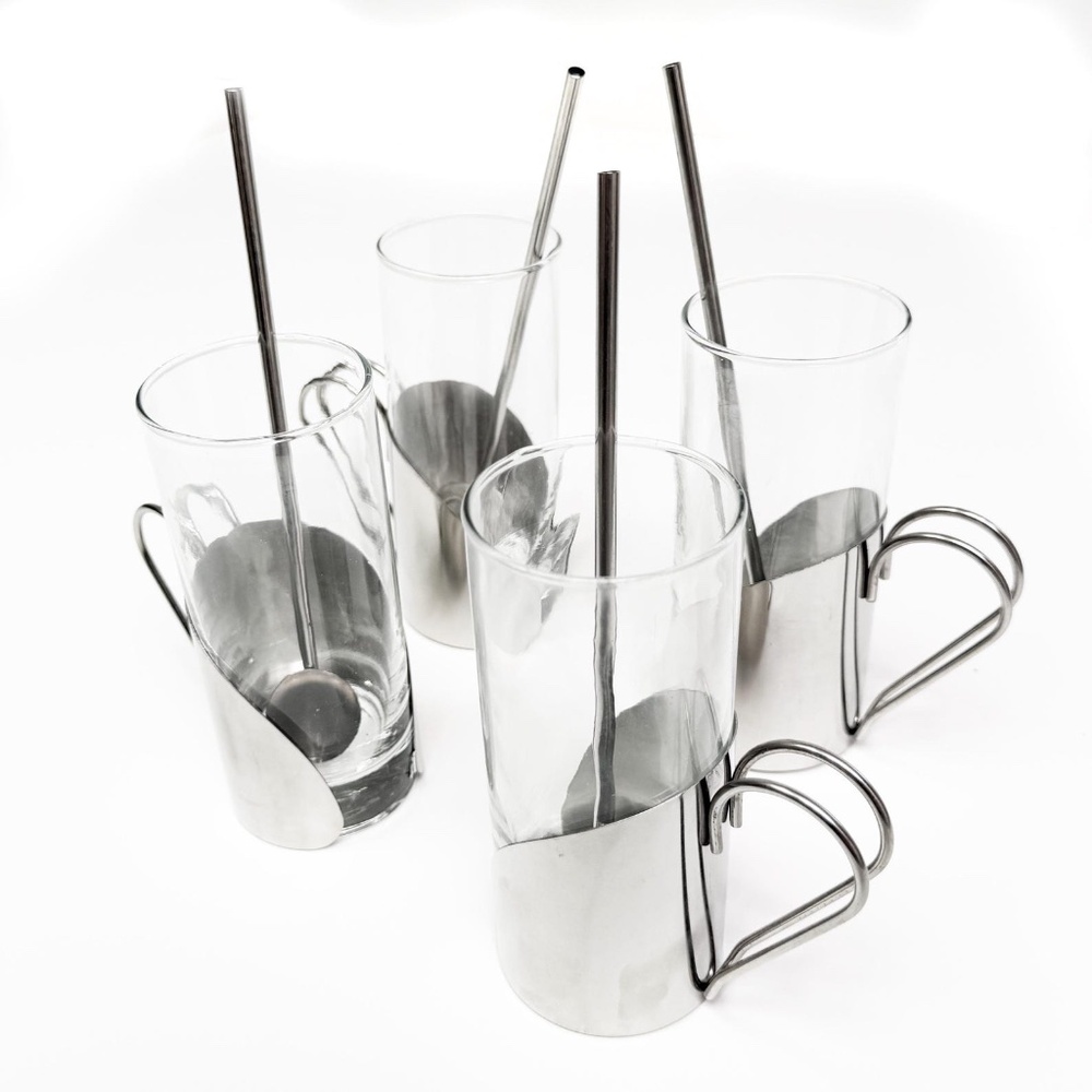 MCM Danish Scanmalay Irish Coffee Mug-Mojito w/Steel Holder Stirrer Straw Set 4